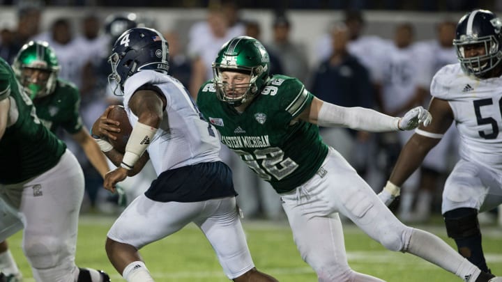 Georgia Southern quarterback Shai Werts (4) is taken down by Eastern Michigan defensive lineman Maxx Crosby (92) during the Camellia Bowl at Cramton Bowl in Montgomery, Ala., on Saturday, Dec. 15, 2018. Georgia Southern defeated Eastern Michigan 23-21.
Jc Camellia 31 Georgia Southern quarterback Shai Werts (4) is taken down by Eastern Michigan defensive lineman Maxx Crosby (92) during the Camellia Bowl at Cramton Bowl in Montgomery, Ala., on Saturday, Dec. 15, 2018. Georgia Southern defeated Eastern Michigan 23-21.
Jc Camellia 31