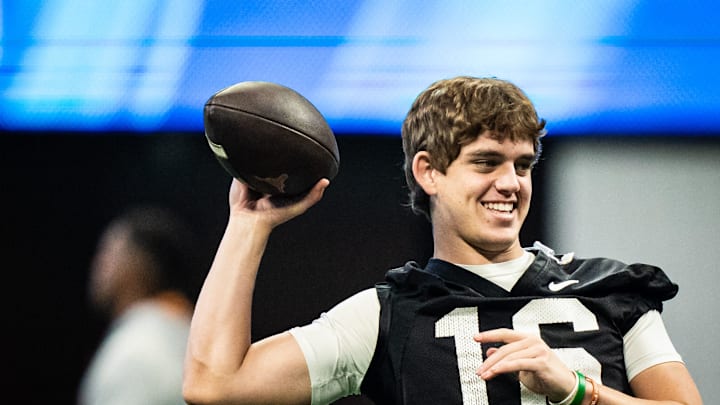 Texas Longhorns quarterback Arch Manning (16) throws the ball during practice at Mercedes-Benz Stadium in Atlanta, Georgia on Dec. 30, 2024 ahead of the College Football Playoff Quarterfinals. The Longhorns will play the Arizona State Sun Devils in the Peach Bowl on New Years Day.