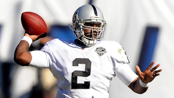 Nov 1, 2009; San Diego, CA, USA; Oakland Raiders quarterback JaMarcus Russell (2) throws a pass during the game against the San Diego Chargers at Qualcomm Stadium. The Chargers defeated the Raiders 24-16. Mandatory Credit: Kirby Lee/Image of Sport-Imagn Images