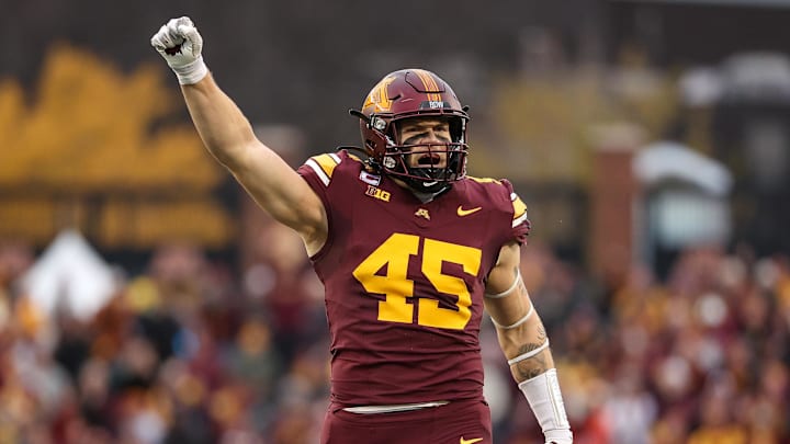 Nov 23, 2024; Minneapolis, Minnesota, USA; Minnesota Golden Gophers linebacker Cody Lindenberg (45) celebrates during the second quarter against the Penn State Nittany Lions at Huntington Bank Stadium. Mandatory Credit: Matt Krohn-Imagn Images