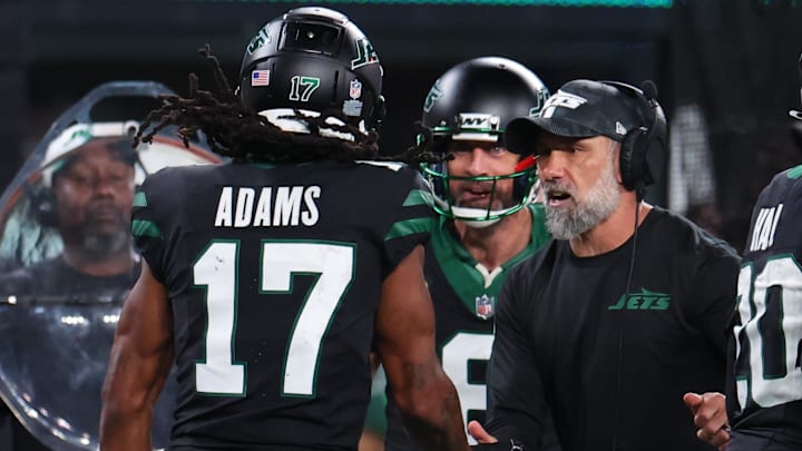Oct 31, 2024; East Rutherford, New Jersey, USA; New York Jets wide receiver Davante Adams (17), quarterback Aaron Rodgers (8) and interim head coach Jeff Ulbrich celebrate Adams touchdown against the Houston Texans during the second half at MetLife Stadium. Mandatory Credit: Ed Mulholland-Imagn Images
