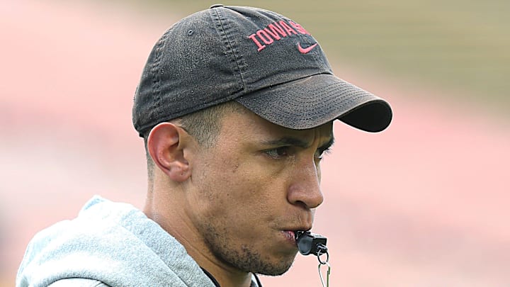 Offensive Coordinator/Quarterbacks Nate Scheelhaase watches the practice during the university's Spring Football game at Jack Trice Stadium Saturday, April 22, 2023, in Ames, Iowa

Ncaa Football Iowa State Spring Football