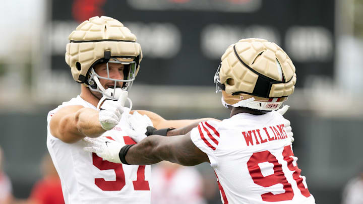 Jul 24, 2025; Santa Clara, CA, USA; San Francisco 49ers defensive ends Nick Bosa (97) and Mykel Williams (98) work on their pass rushing skills during the second day of training camp. Mandatory Credit: D. Ross Cameron-Imagn Images Jul 24, 2025; Santa Clara, CA, USA; San Francisco 49ers defensive ends Nick Bosa (97) and Mykel Williams (98) work on their pass rushing skills during the second day of training camp. Mandatory Credit: D. Ross Cameron-Imagn Images