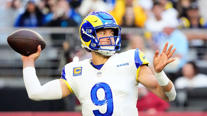 Los Angeles Rams quarterback Matthew Stafford (9) throws a pass against the Arizona Cardinals in the first half at State Farm Stadium on Dec 7, 2025, in Glendale, Ariz. Los Angeles Rams quarterback Matthew Stafford (9) throws a pass against the Arizona Cardinals in the first half at State Farm Stadium on Dec 7, 2025, in Glendale, Ariz.