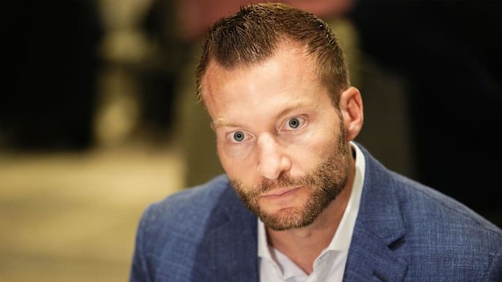 Los Angeles Rams head coach Sean McVay talks to the media during the NFL League Meetings on March 30, 2026, at Arizona Biltmore Resort in Phoenix.