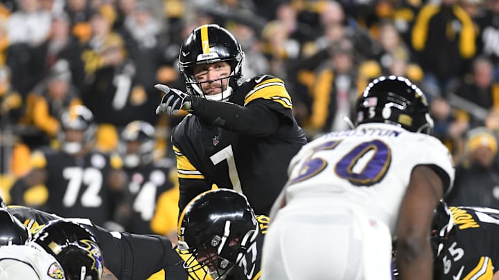 Dec 5, 2021; Pittsburgh, Pennsylvania, USA;  Pittsburgh Steelers quarterback Ben Roethlisberger (7) against the Baltimore Ravens during the fourth quarter at Heinz Field. Mandatory Credit: Philip G. Pavely-Imagn Images
