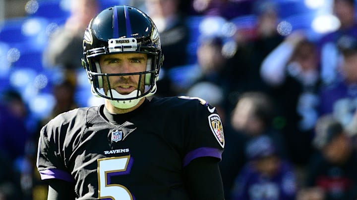 Nov 4, 2018; Baltimore, MD, USA;  Baltimore Ravens quarterback Joe Flacco (5) stands on the field before the game against the Pittsburgh Steelers at M&T Bank Stadium. Mandatory Credit: Tommy Gilligan-Imagn Images