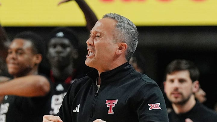Texas Tech Red Raiders men's basketball head coach Grant McCasland reacts after a score against Iowa State during the second half in the Big-12 conference men’s basketball showdown on Feb. 28, 2026, at Hilton Coliseum in Ames, Iowa.