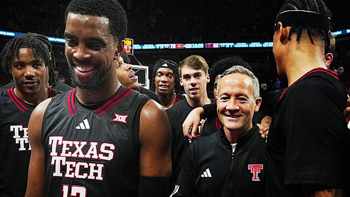 Texas Tech Red Raiders men's basketball head coach Grant McCasland celebrates with team after winning 82073 over Iowa State in the Big-12 conference men’s basketball showdown on Feb. 28, 2026, at Hilton Coliseum in Ames, Iowa. Texas Tech Red Raiders men's basketball head coach Grant McCasland celebrates with team after winning 82073 over Iowa State in the Big-12 conference men’s basketball showdown on Feb. 28, 2026, at Hilton Coliseum in Ames, Iowa.