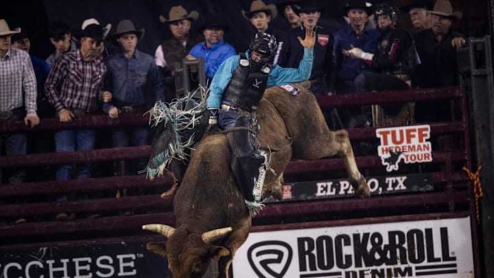 Wacey Schalla rides during in the Tuff Hedeman Tour bull riding competition in El Paso, Texas at the El Paso County Coliseum on Feb. 4, 2023.
Tuff Hedeman0159 Wacey Schalla rides during in the Tuff Hedeman Tour bull riding competition in El Paso, Texas at the El Paso County Coliseum on Feb. 4, 2023.
Tuff Hedeman0159