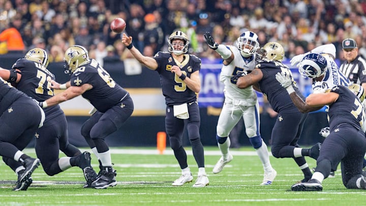 Saints quarterback Drew Brees throws a pass during the 2019 NFC Championship game against the Rams
