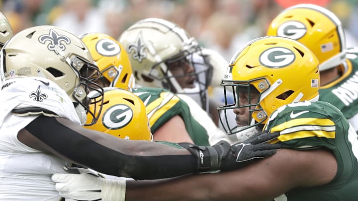 Sep 24, 2023; Green Bay, Wisconsin, USA; Green Bay Packers offensive tackle Rasheed Walker (63) against the New Orleans Saints at Lambeau Field. Mandatory Credit: Wm. Glasheen-Imagn Images