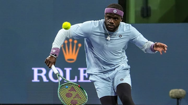Frances Tiafoe hits to Damir Dzumhur during the second round of the BNP Paribas Open in Indian Wells, Calif., Friday, March 7, 2025.