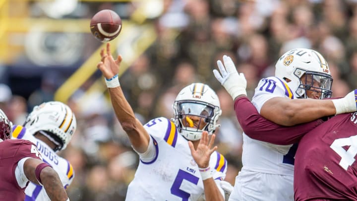 Quarterback Jayden Daniels 5 as the LSU Tigers take on Texas A&M in Tiger Stadium