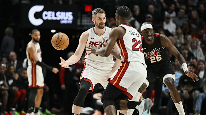 Feb 27, 2024; Portland, Oregon, USA; Miami Heat forward Kevin Love (42); Troy Wayrynen-USA TODAY Sports