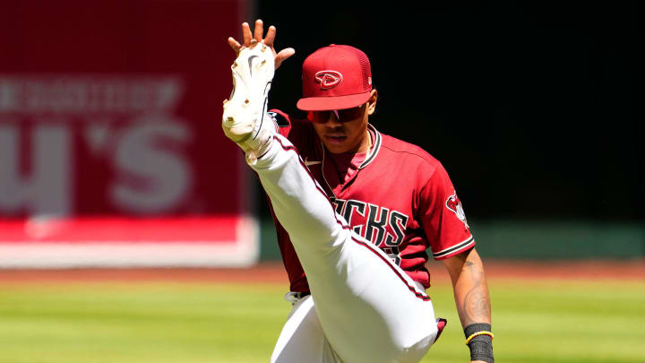 Arizona Diamondbacks infielder Cristofer Torin (8) warms-up before playing against the Cleveland Guardians. Arizona Diamondbacks infielder Cristofer Torin (8) warms-up before playing against the Cleveland Guardians.