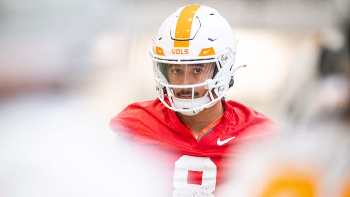 Tennessee quarterback Nico Iamaleava (8) during UT's first spring football practice on Monday, March