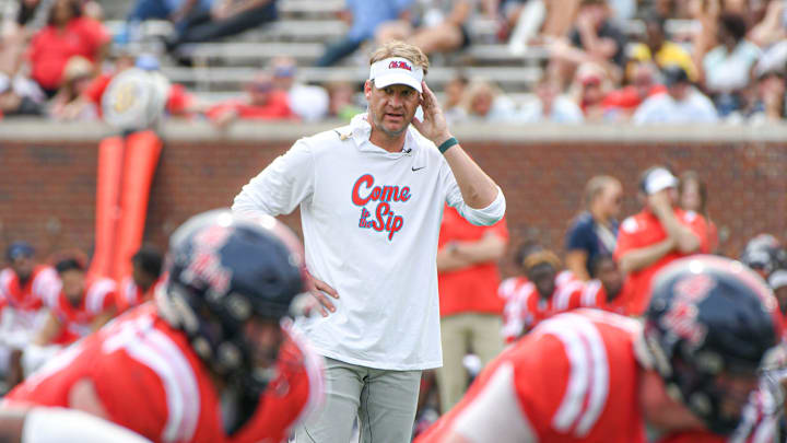 Head coach Lane Kiffin watches Ole Miss Grove Bowl at Vaught-Hemingway Stadium in Oxford, Miss. on