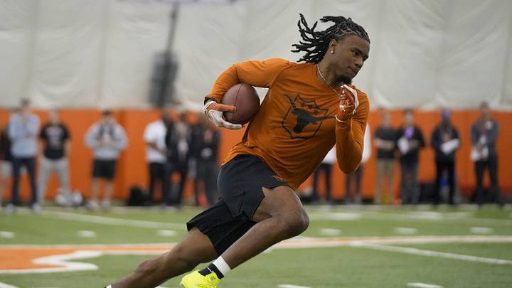 Wide receiver Adonai Mitchell goes through drills at Texas Longhorns Football Pro Day.