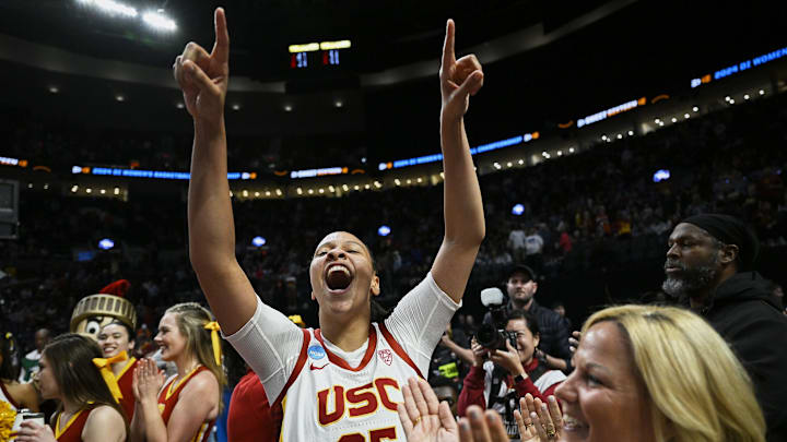 Mar 30, 2024; Portland, OR, USA; USC Trojans guard McKenzie Forbes (25) celebrates after a game.