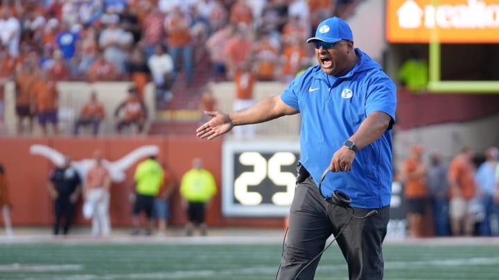 BYU Cougars head coach Kalani Sitake celebrates after the Cougars stopped the Texas Longhorns in the