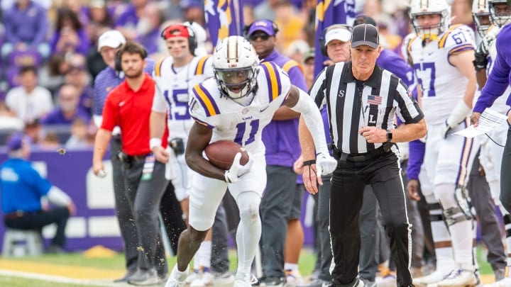 Brian Thomas Jr 11 runs the ball as the LSU Tigers take on Texas A&M in Tiger Stadium in Baton Brian Thomas Jr 11 runs the ball as the LSU Tigers take on Texas A&M in Tiger Stadium in Baton
