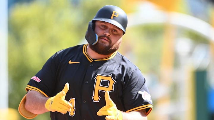 Sep 7, 2024; Pittsburgh, Pennsylvania, USA; Pittsburgh Pirates pinch hitter Rowdy Tellez (44) celebrates after hitting a pinch-hit home run against the Washington Nationals during the seventh inning at PNC Park. The Nationals won the first game of a double header 5-3.