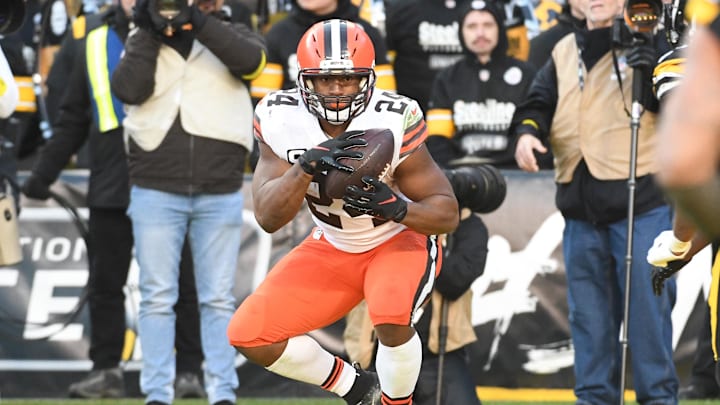 Jan 8, 2023; Pittsburgh, Pennsylvania, USA;  Cleveland Browns running back Nick Chubb (24) scores a touchdown against the Pittsburgh Steelers during the fourth quarter at Acrisure Stadium. Mandatory Credit: Philip G. Pavely-Imagn Images