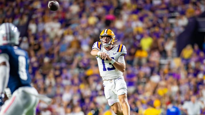 Tigers quarterback Garrett Nussmeier 13 throws a pass as the LSU Tigers take on the South Alabama Jaguars at Tiger Stadium in Baton Rouge, LA. Saturday, Sept. 28, 2024.