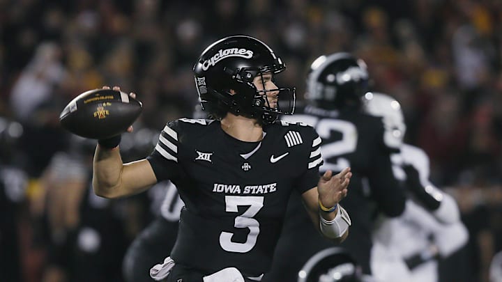 Iowa State Cyclones quarterback Rocco Becht (3) passes the ball against Cincinnati during the third quarter in the week-12 NCAA football at Jack Trice Stadium on Saturday, Nov. 16, 2024, in Ames, Iowa. Iowa State Cyclones quarterback Rocco Becht (3) passes the ball against Cincinnati during the third quarter in the week-12 NCAA football at Jack Trice Stadium on Saturday, Nov. 16, 2024, in Ames, Iowa.