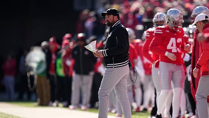 Ohio State Buckeyes head coach Ryan Day watches from the sideline during the first half of the NCAA football game against the Michigan Wolverines at Ohio Stadium in Columbus on Saturday, Nov. 30, 2024.