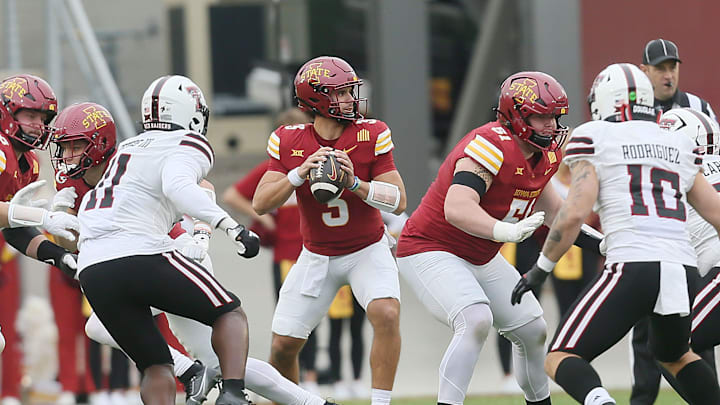 Iowa State Cyclones quarterback Rocco Becht (3) looks for a pass against Texas Tech during the first quarter in the week-10 NCAA football at Jack Trice Stadium on Saturday, Nov. 2, 2024, in Ames, Iowa.