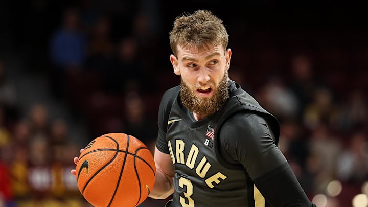 Jan 2, 2025; Minneapolis, Minnesota, USA; Purdue Boilermakers guard Braden Smith (3) dribbles against the Minnesota Golden Gophers during the second half at Williams Arena. Mandatory Credit: Matt Krohn-Imagn Images