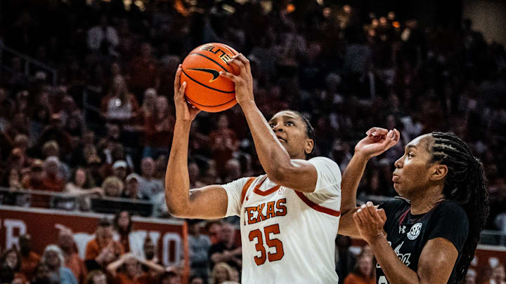 Madison Booker shoots during No. 4 Texas's 66–62 win over No. 2 South Carolina on Feb. 9, 2025.