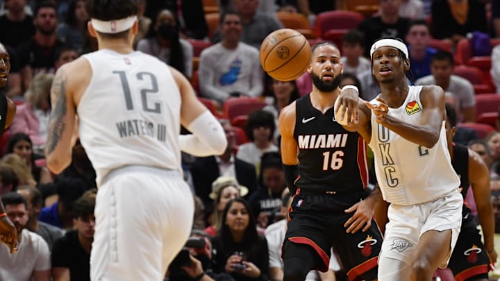 Gilgeous-Alexander passes the ball to Waters III during a 2022 Thunder game. 