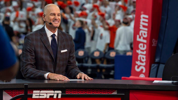 Jay Bilas during ESPN College GameDay broadcast before Auburn Tigers men's basketball takes on Texas A&M Aggies.