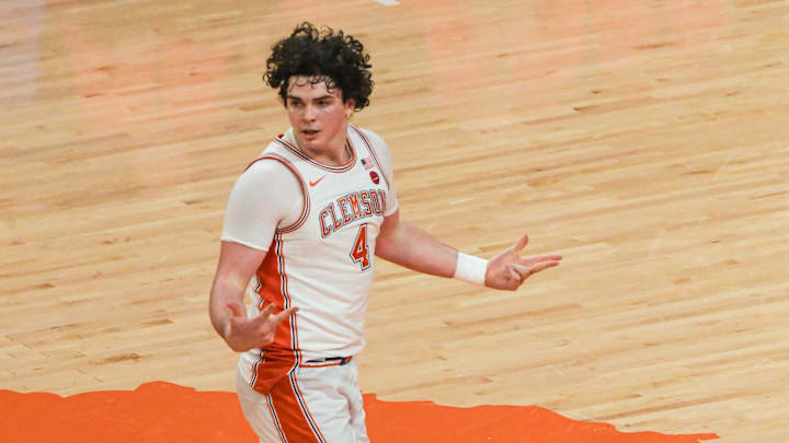 Clemson senior forward Ian Schieffelin reacts after making a three-point shot against Notre Dame