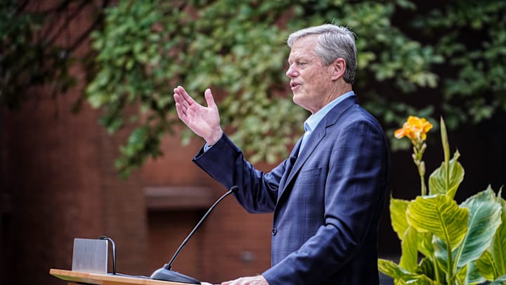 Charlie Baker speaks at a press conference in 2024.