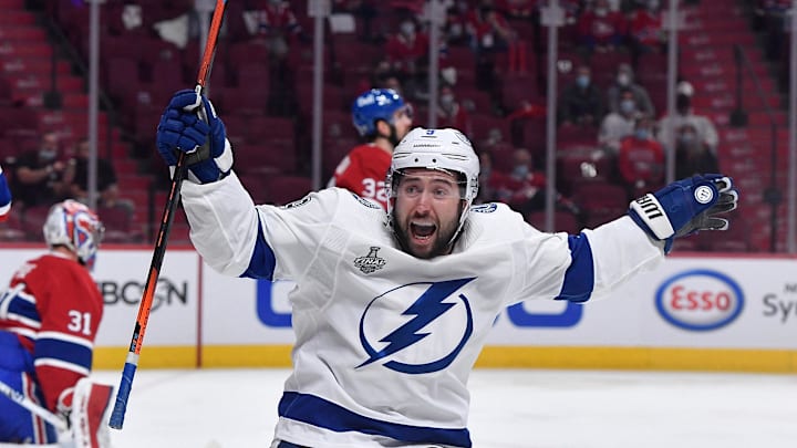Tyler Johnson celebrates a goal during the 2021 Stanley Cup Final.
