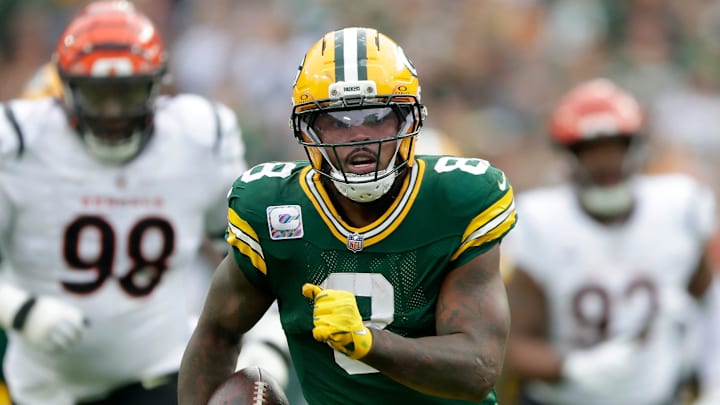 Green Bay Packers running back Josh Jacobs. Green Bay Packers running back Josh Jacobs.