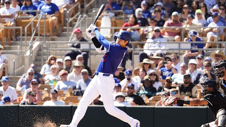 Los Angeles Dodgers' Shohei Ohtani grounds out to first against the Arizona Diamondbacks in the second inning during a spring training game at Camelback Ranch-Glendale in Phoenix on March 10, 2025. Los Angeles Dodgers' Shohei Ohtani grounds out to first against the Arizona Diamondbacks in the second inning during a spring training game at Camelback Ranch-Glendale in Phoenix on March 10, 2025.