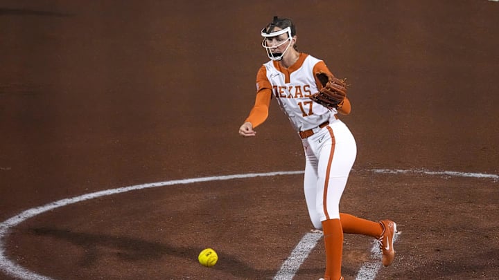 Texas Longhorns pitcher Teagan Kavan (17) throws a pitch during the game against Texas Tech on day one of the Bevo Classic at Red and Charline McCombs field on Friday, Feb. 14, 2025, in Austin.