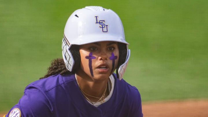 LSU outfielder Jalia Lassiter (7) watches the hitter while on third base during the game at Red & Charline McCombs Field on Thursday, April 17, 2025 in Austin.