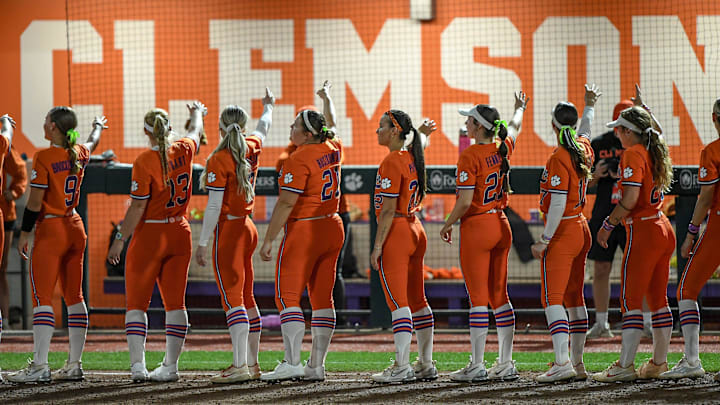 Clemson players join in the alma mater after a win.