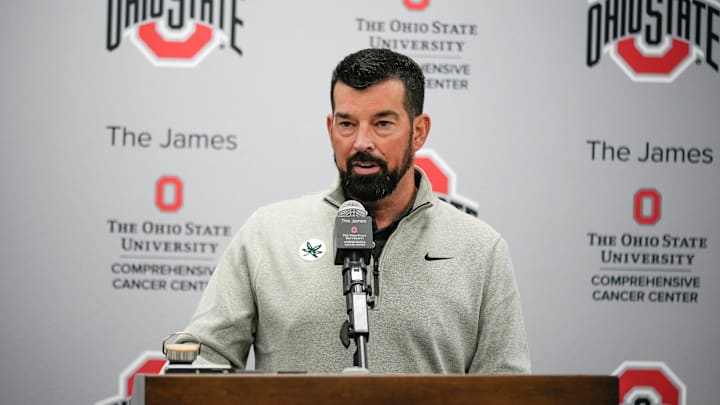 Sep 17, 2024; Columbus, Ohio, USA; Ohio State football head coach Ryan Day speaks during a press conference at Woody Hayes Athletic Center. Sep 17, 2024; Columbus, Ohio, USA; Ohio State football head coach Ryan Day speaks during a press conference at Woody Hayes Athletic Center.