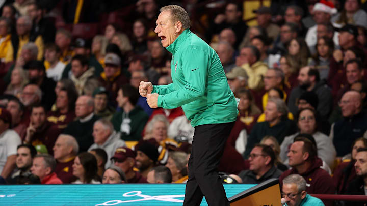 Dec 4, 2024; Minneapolis, Minnesota, USA; Michigan State Spartans head coach Tom Izzo reacts during the first half against the Minnesota Golden Gophers at Williams Arena. Mandatory Credit: Matt Krohn-Imagn Images