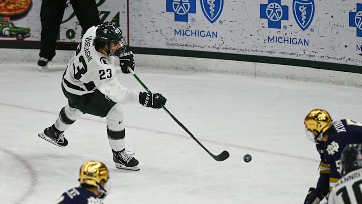 MSU's Shane Vansaghi shoots and scores against Notre Dame, Saturday, Nov. 15, 2024, at Munn Ice Arena. MSU won 4-3 to sweep the series.