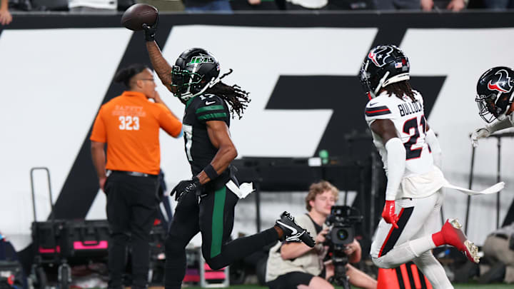 Oct 31, 2024; East Rutherford, New Jersey, USA; New York Jets wide receiver Davante Adams (17) scores a touchdown against the Houston Texans during the second half at MetLife Stadium. Mandatory Credit: Ed Mulholland-Imagn Images