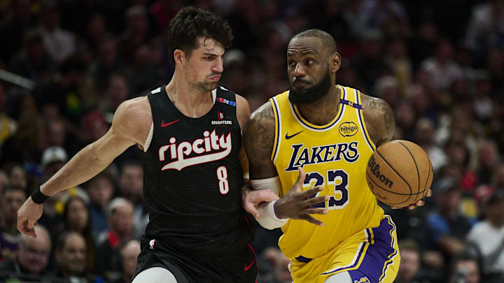 Feb 20, 2025: Los Angeles Lakers forward LeBron James drives to the basket.