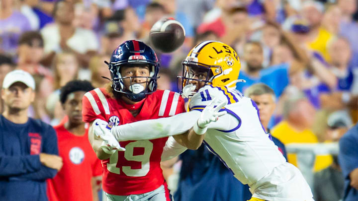 Cornerback PJ Woodland 11 breaks up a pass as the LSU Tigers take on the Ole Miss Rebels at Tiger Stadium in Baton Rouge, LA. Saturday, Oct. 12, 2024.Saturday, Oct. 12, 2024. Cornerback PJ Woodland 11 breaks up a pass as the LSU Tigers take on the Ole Miss Rebels at Tiger Stadium in Baton Rouge, LA. Saturday, Oct. 12, 2024.Saturday, Oct. 12, 2024.
